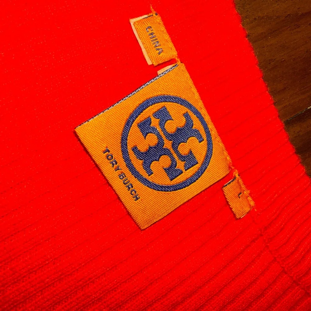 Tory Burch Orange Cashmere Ribbed V-Neck Sweater Elbow Patches Gold Button Large